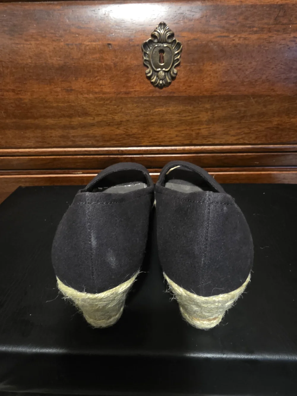 Kelly & Katie Black Peep-Toe Espadrille Wedge